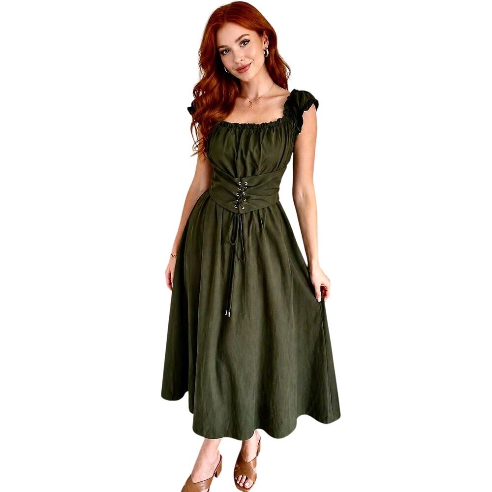 Scarlet Darkness Medeival Renaissance Fairy Dress Lace Up Puff Sleeve Victorian
